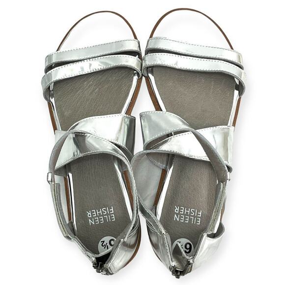 Eileen Fisher NEW CiCi Strappy Zip Leather Sandals Silver Mirror Metallic Sz 6.5 - Picture 2 of 9